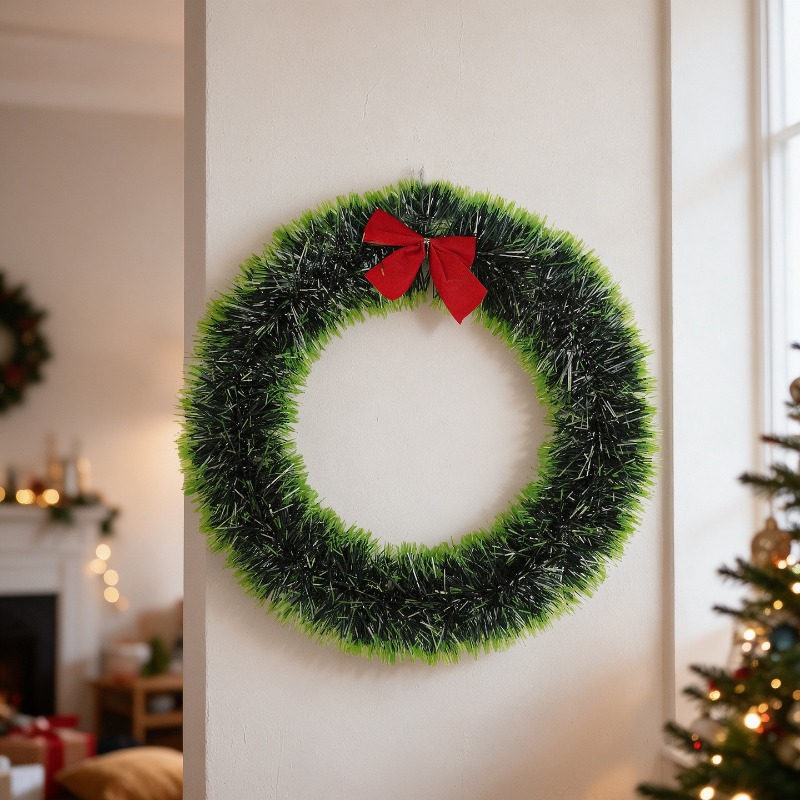 Tinsel Garland Decoration - Simple Tinsel Christmas Wreath Red Green